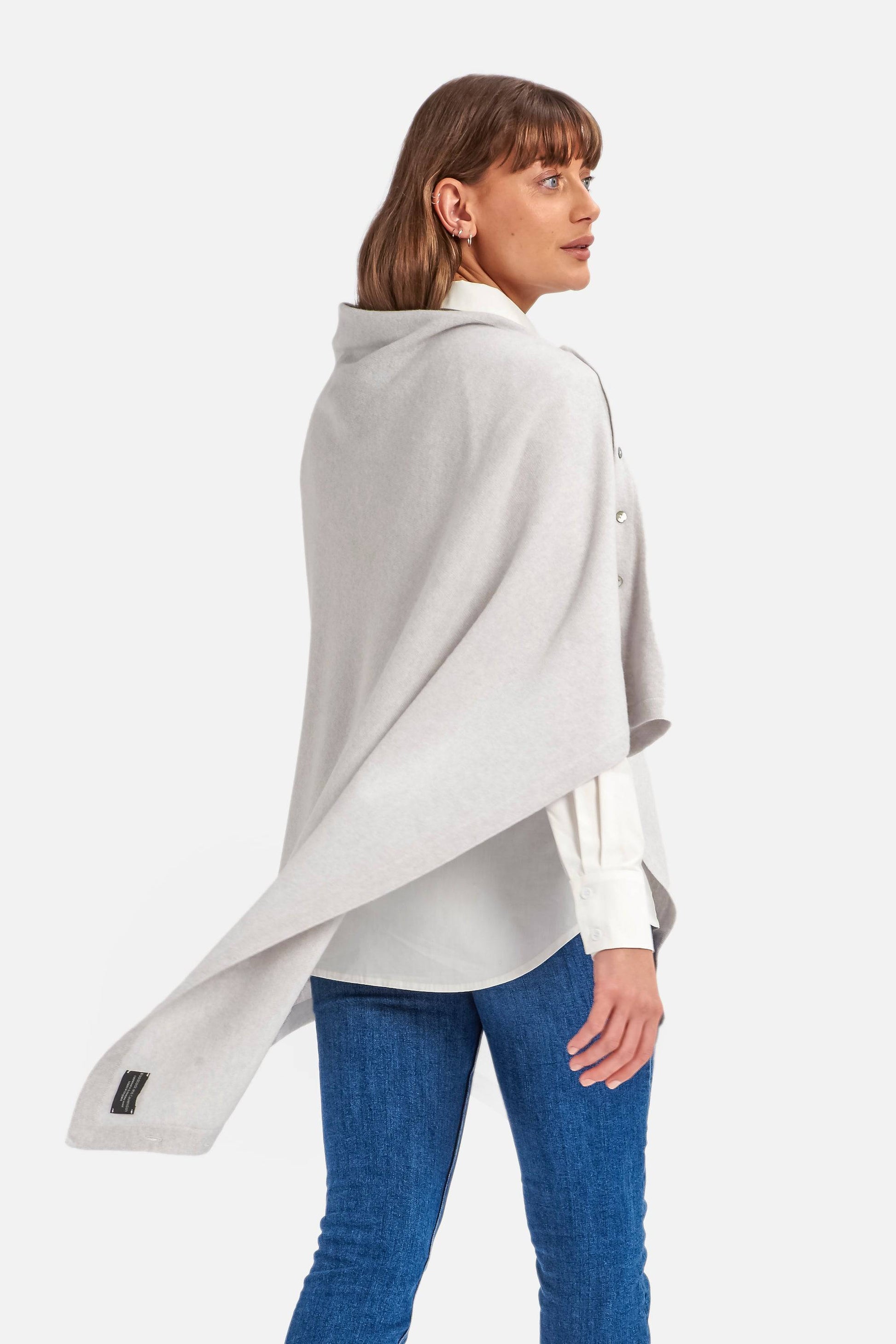 Cashmere & Merino Wool Long Length Button Poncho in Grey Marl by Woodcock & Cavendish for sale - Woodcock and Cavendish