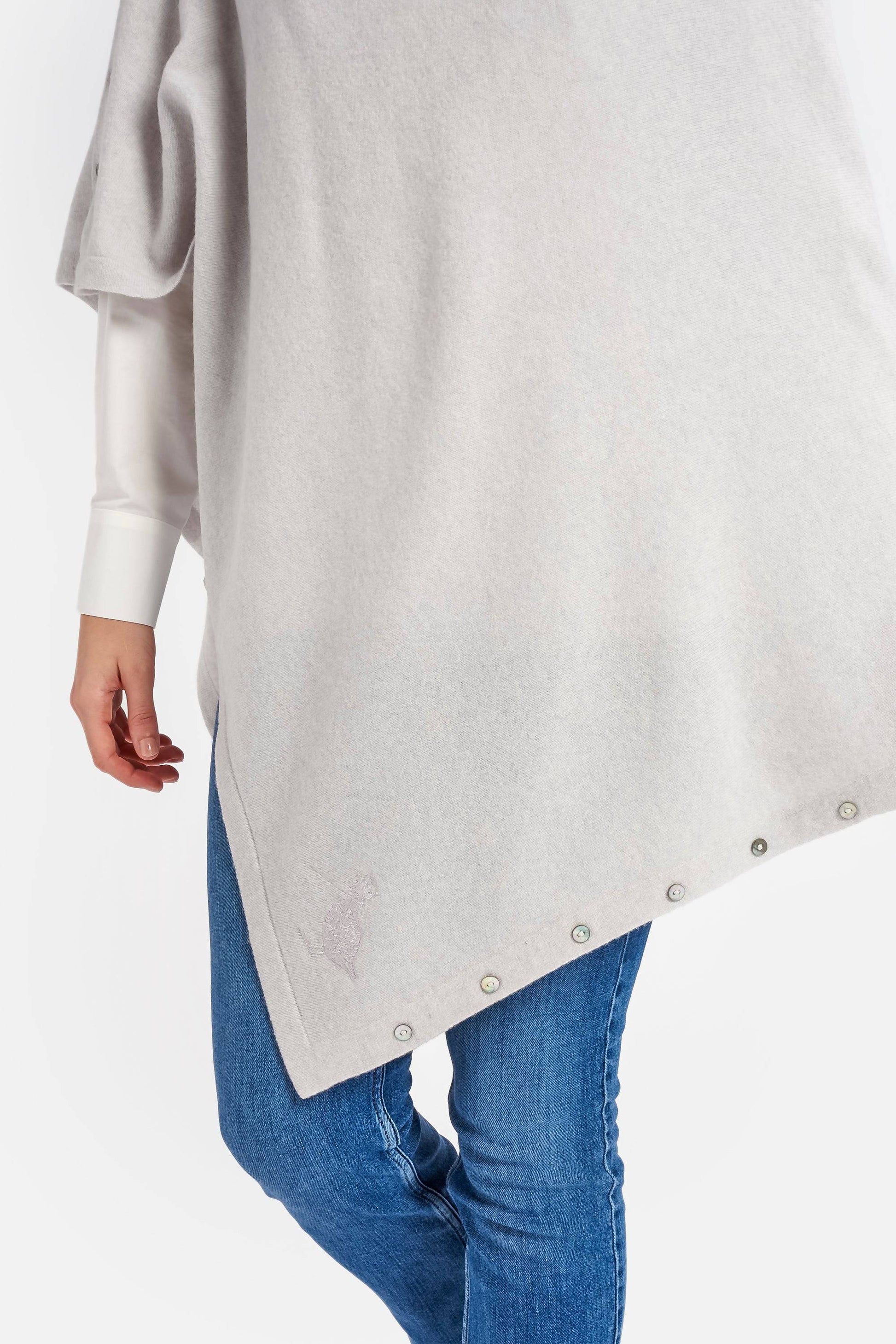 Cashmere & Merino Wool Long Length Button Poncho in Grey Marl by Woodcock & Cavendish for sale - Woodcock and Cavendish