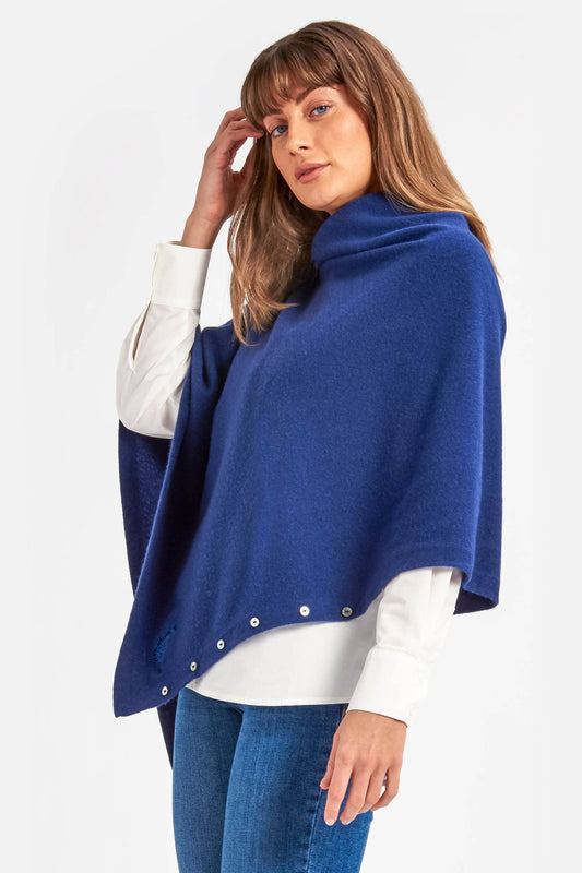 Cashmere & Merino Wool Long Length Button Poncho in Navy Blue by Woodcock & Cavendish for sale - Woodcock and Cavendish