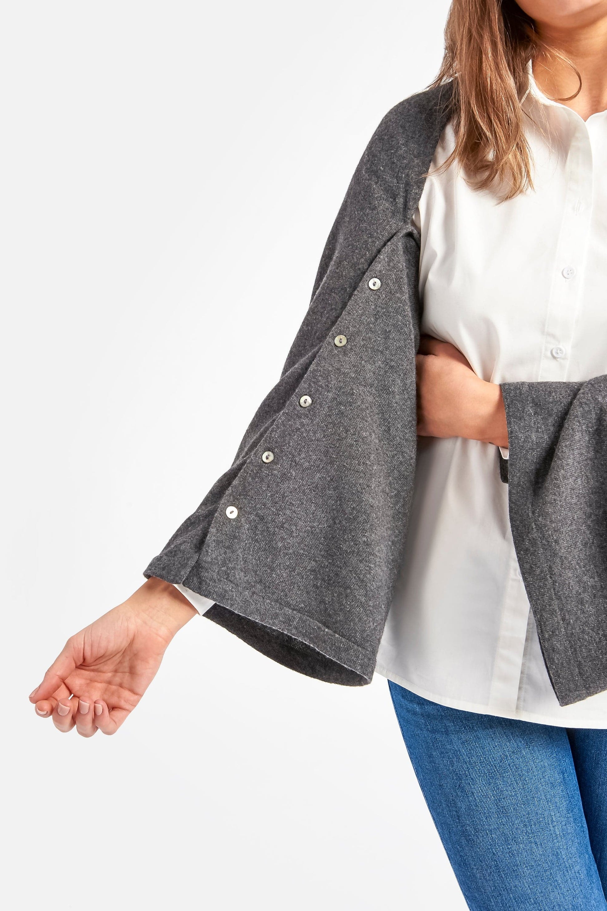 Cashmere & Merino Wool Long Length Button Poncho in Slate Grey by Woodcock & Cavendish for sale - Woodcock and Cavendish