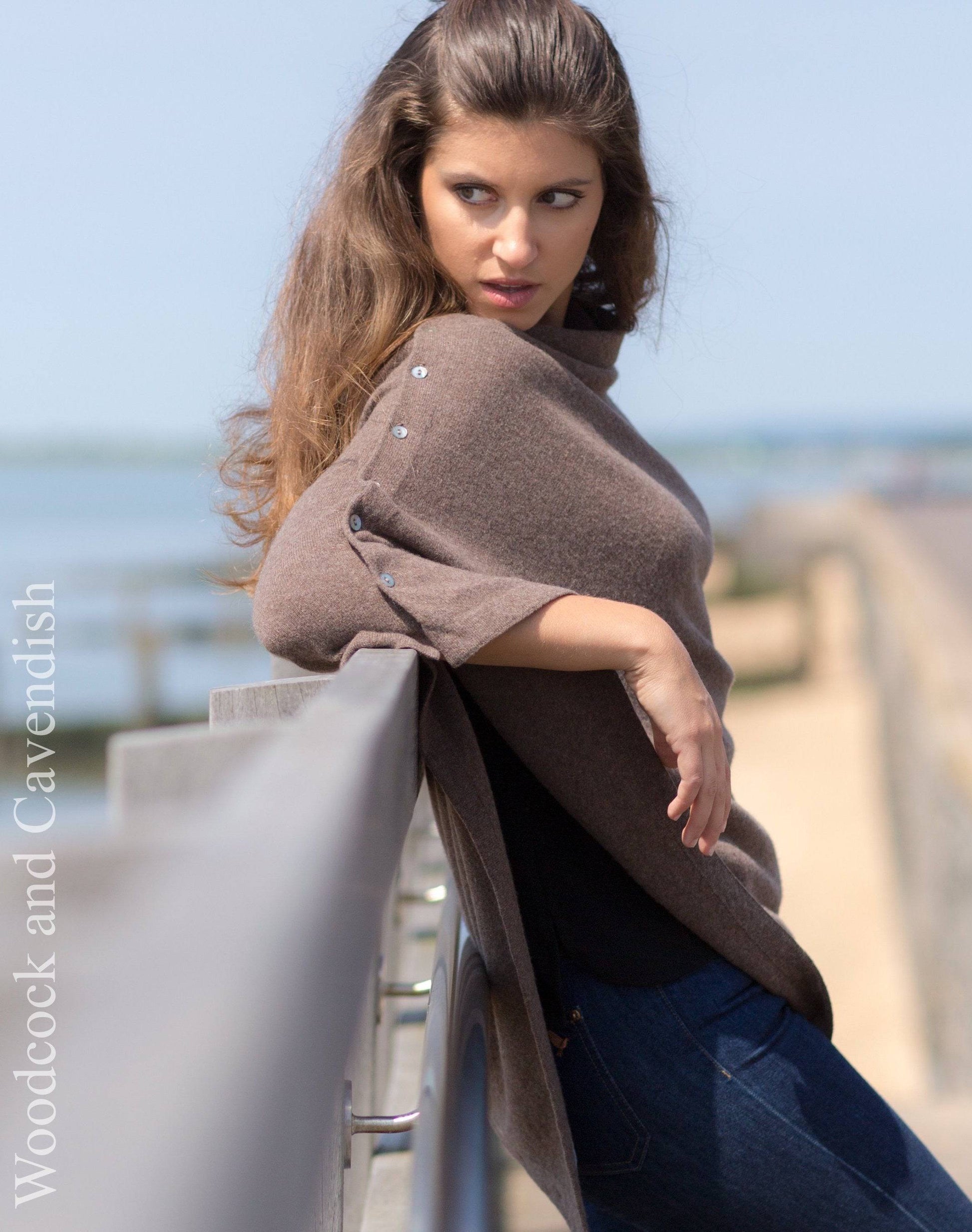 Cashmere & Merino Wool Short Length Button Poncho in Brown by Woodcock & Cavendish for sale - Woodcock and Cavendish