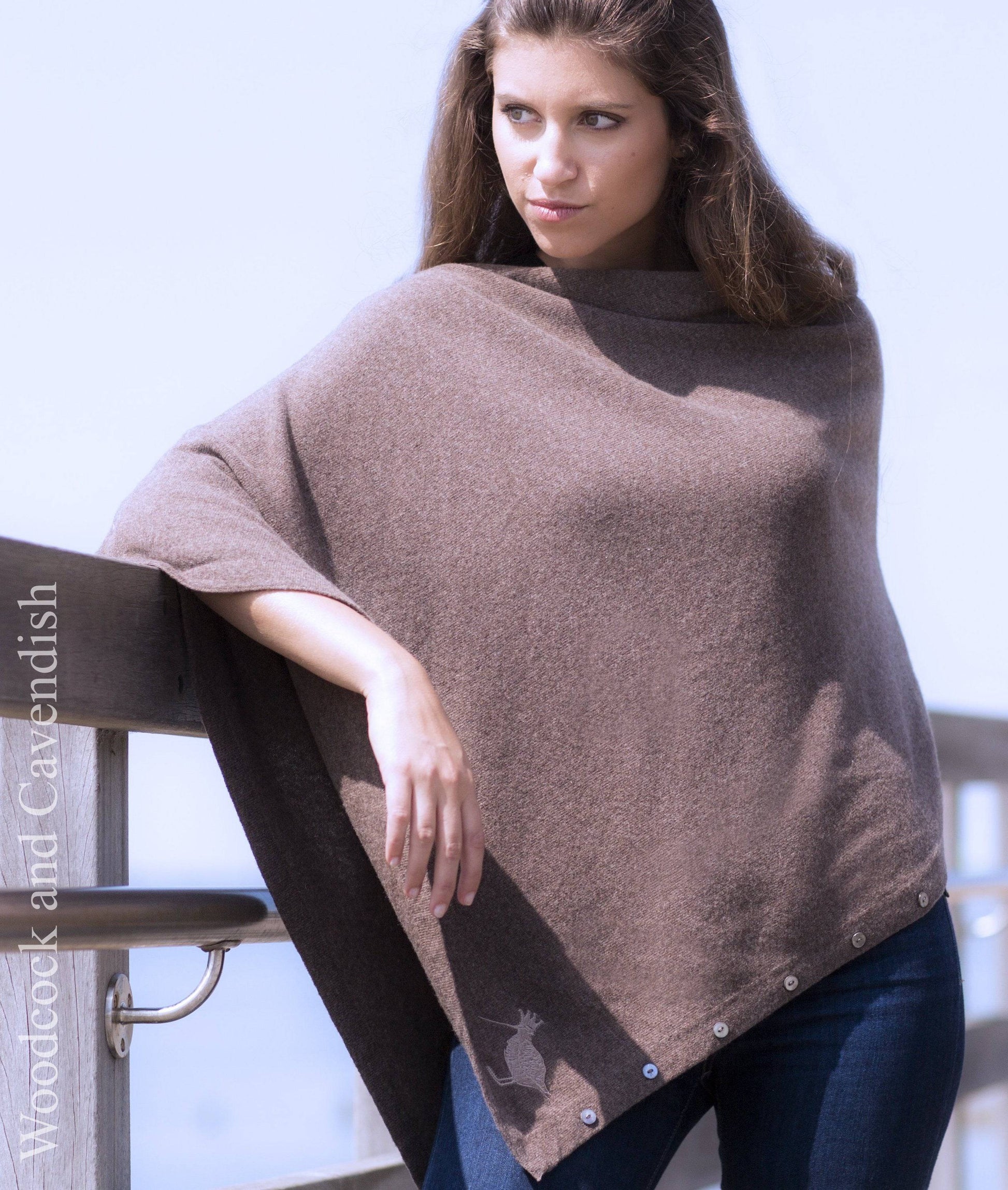 Cashmere & Merino Wool Short Length Button Poncho in Brown by Woodcock & Cavendish for sale - Woodcock and Cavendish