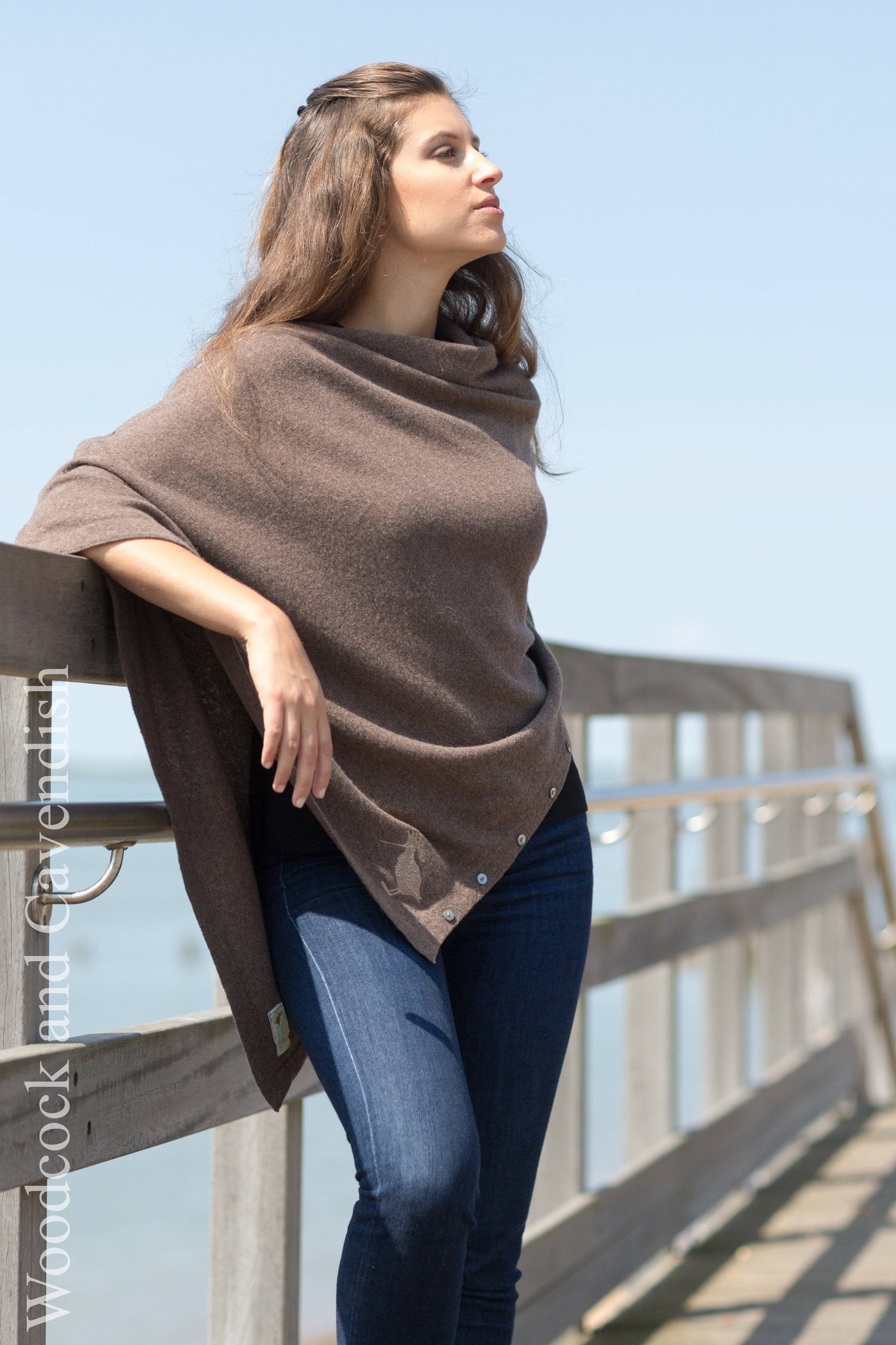 Cashmere & Merino Wool Short Length Button Poncho in Brown by Woodcock & Cavendish for sale - Woodcock and Cavendish