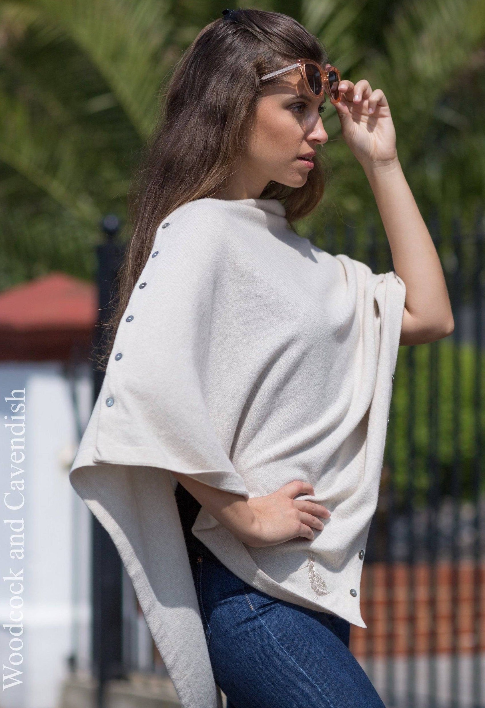 Cashmere & Merino Wool Short Length Button Poncho in Natural by Woodcock & Cavendish for sale - Woodcock and Cavendish
