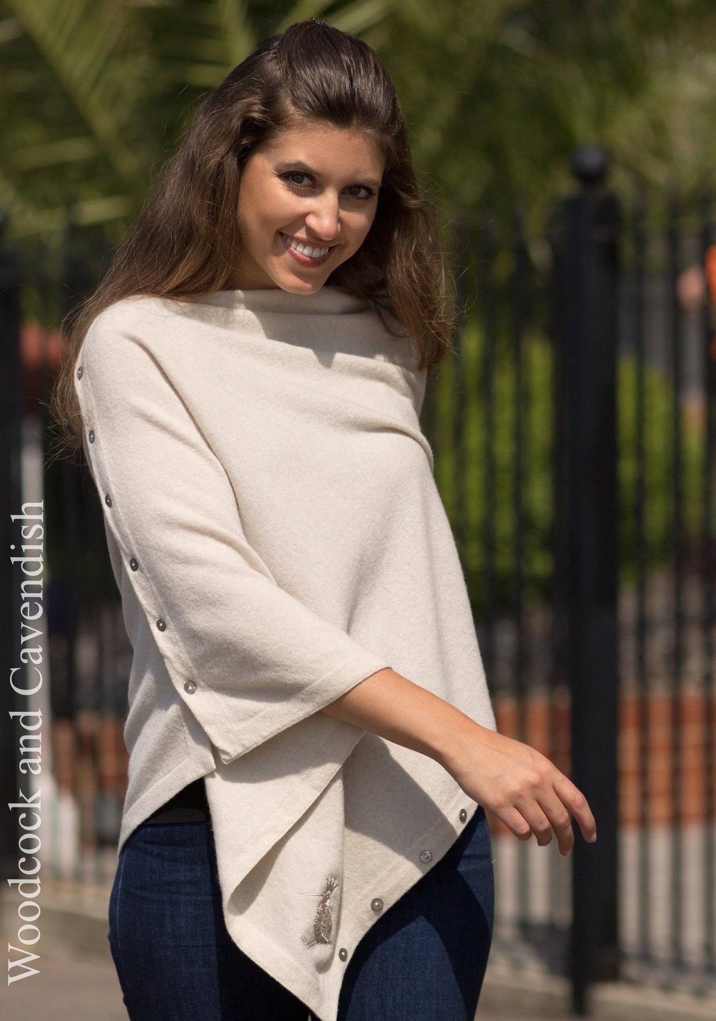 Cashmere & Merino Wool Short Length Button Poncho in Natural by Woodcock & Cavendish for sale - Woodcock and Cavendish