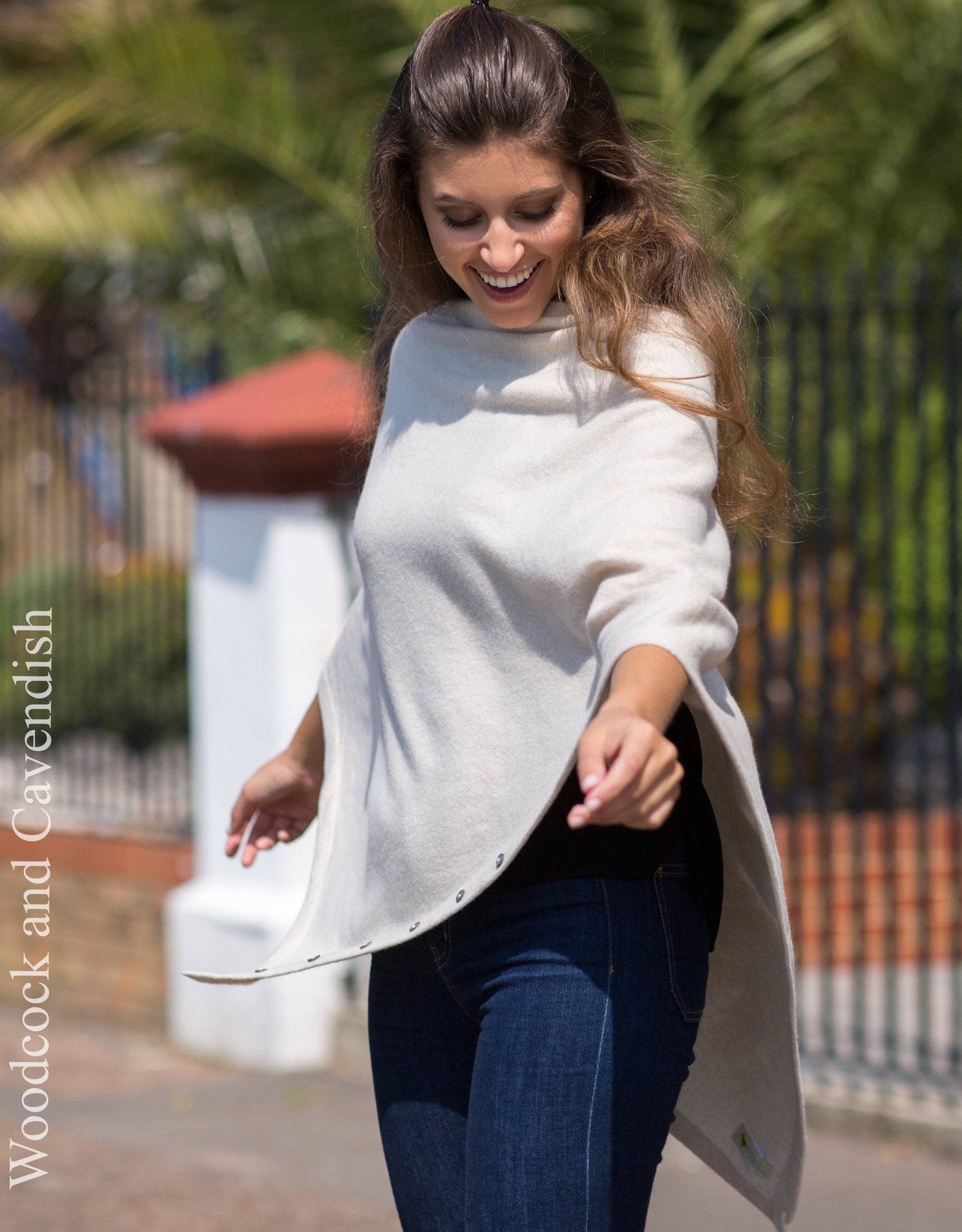 Cashmere & Merino Wool Short Length Button Poncho in Natural by Woodcock & Cavendish for sale - Woodcock and Cavendish