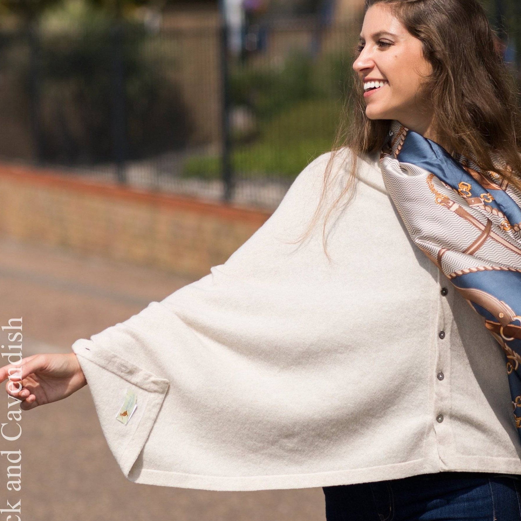 Cashmere & Merino Wool Short Length Button Poncho in Natural by Woodcock & Cavendish for sale - Woodcock and Cavendish