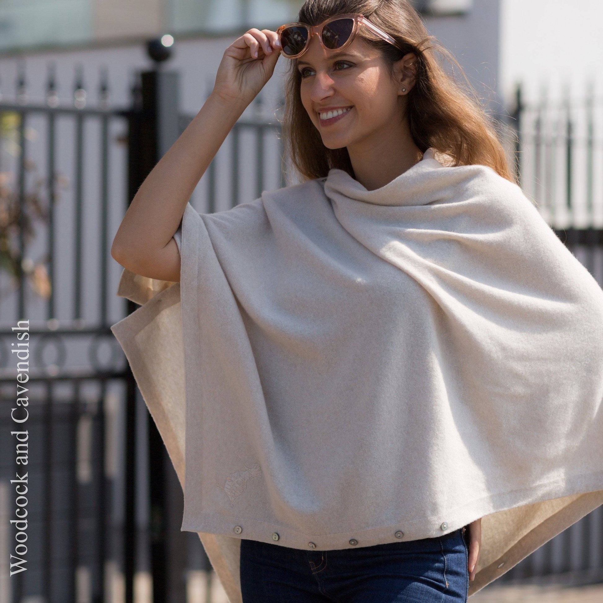 Cashmere & Merino Wool Short Length Button Poncho in Natural by Woodcock & Cavendish for sale - Woodcock and Cavendish