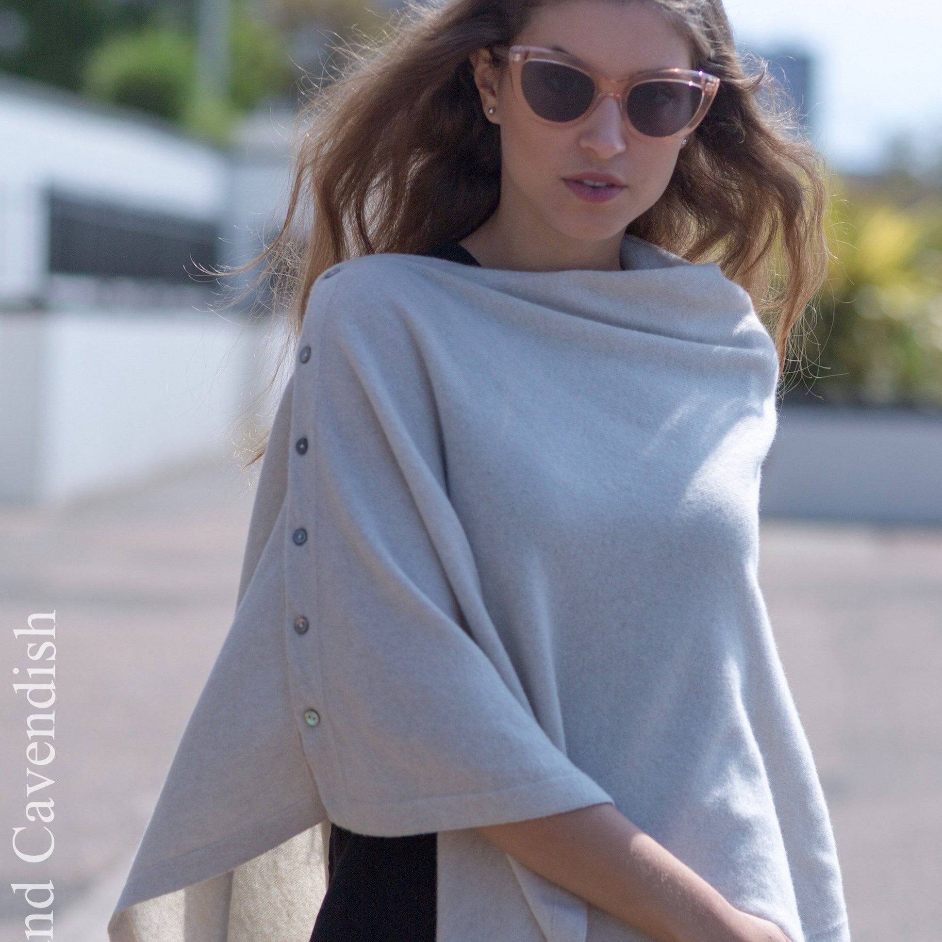 Cashmere & Merino Wool Short Length Button Poncho in Natural by Woodcock & Cavendish for sale - Woodcock and Cavendish