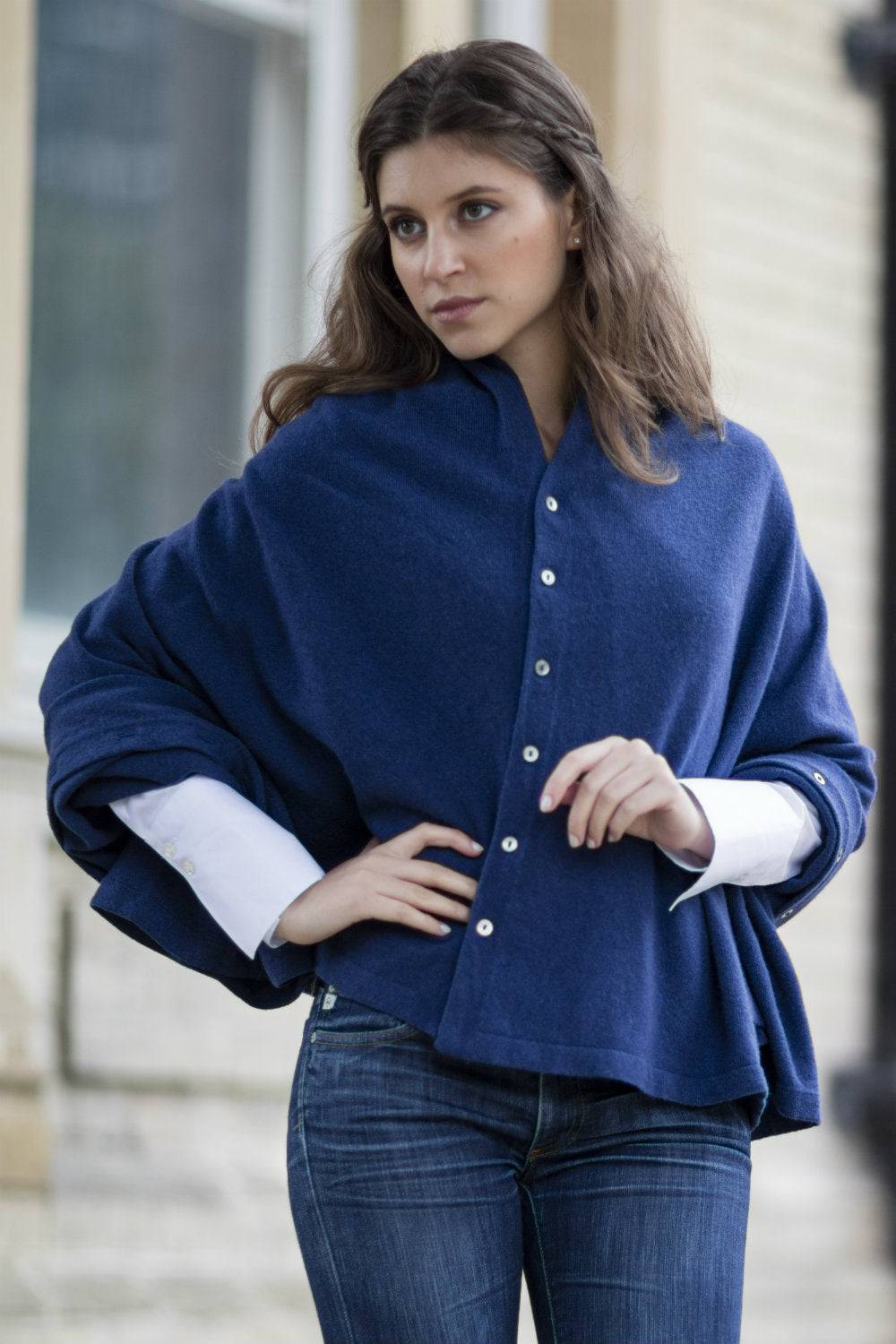 Cashmere & Merino Wool Short Length Button Poncho in Navy Blue by Woodcock & Cavendish for sale - Woodcock and Cavendish
