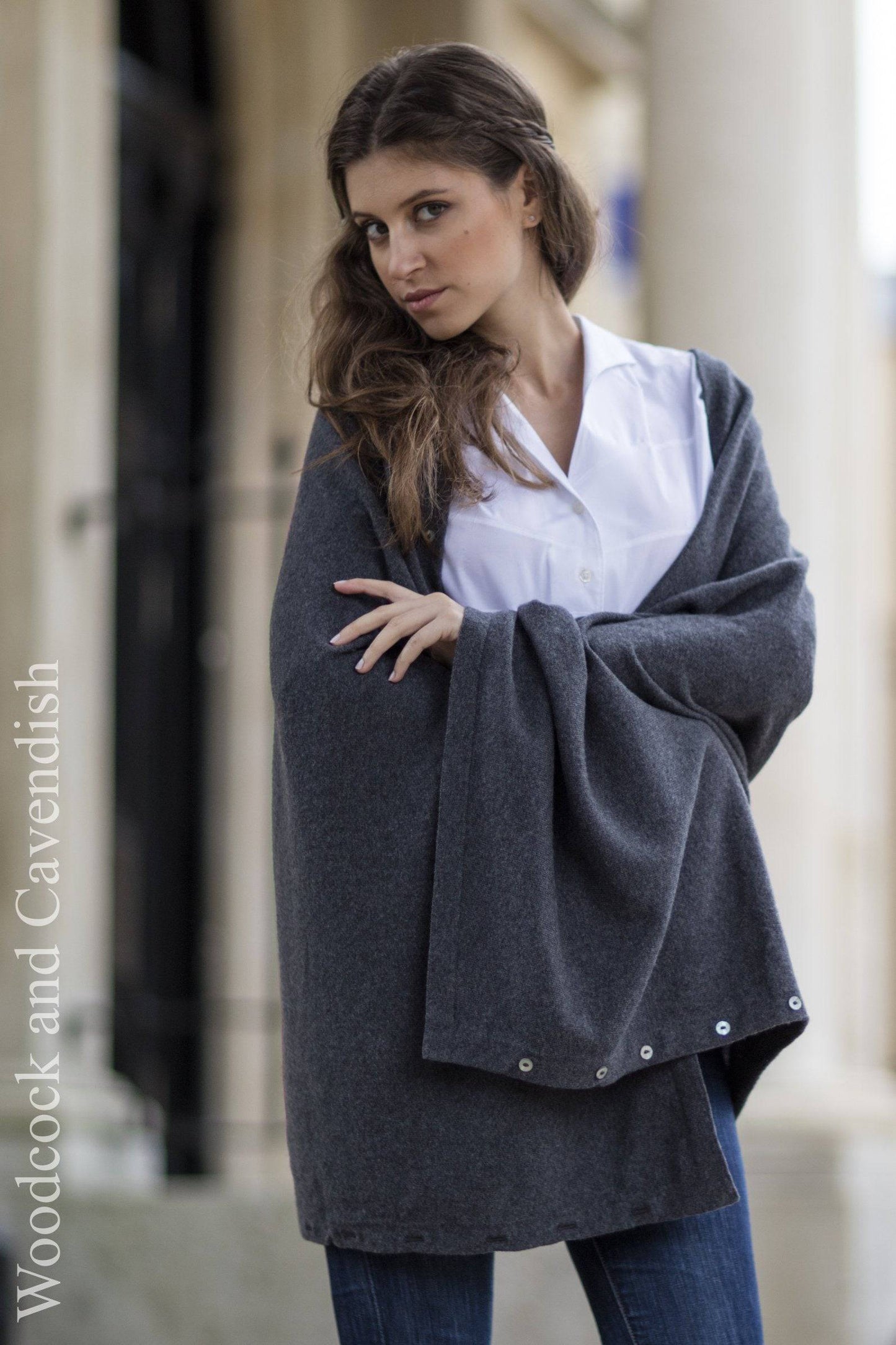Cashmere & Merino Wool Short Length Button Poncho in Slate Grey by Woodcock & Cavendish for sale - Woodcock and Cavendish