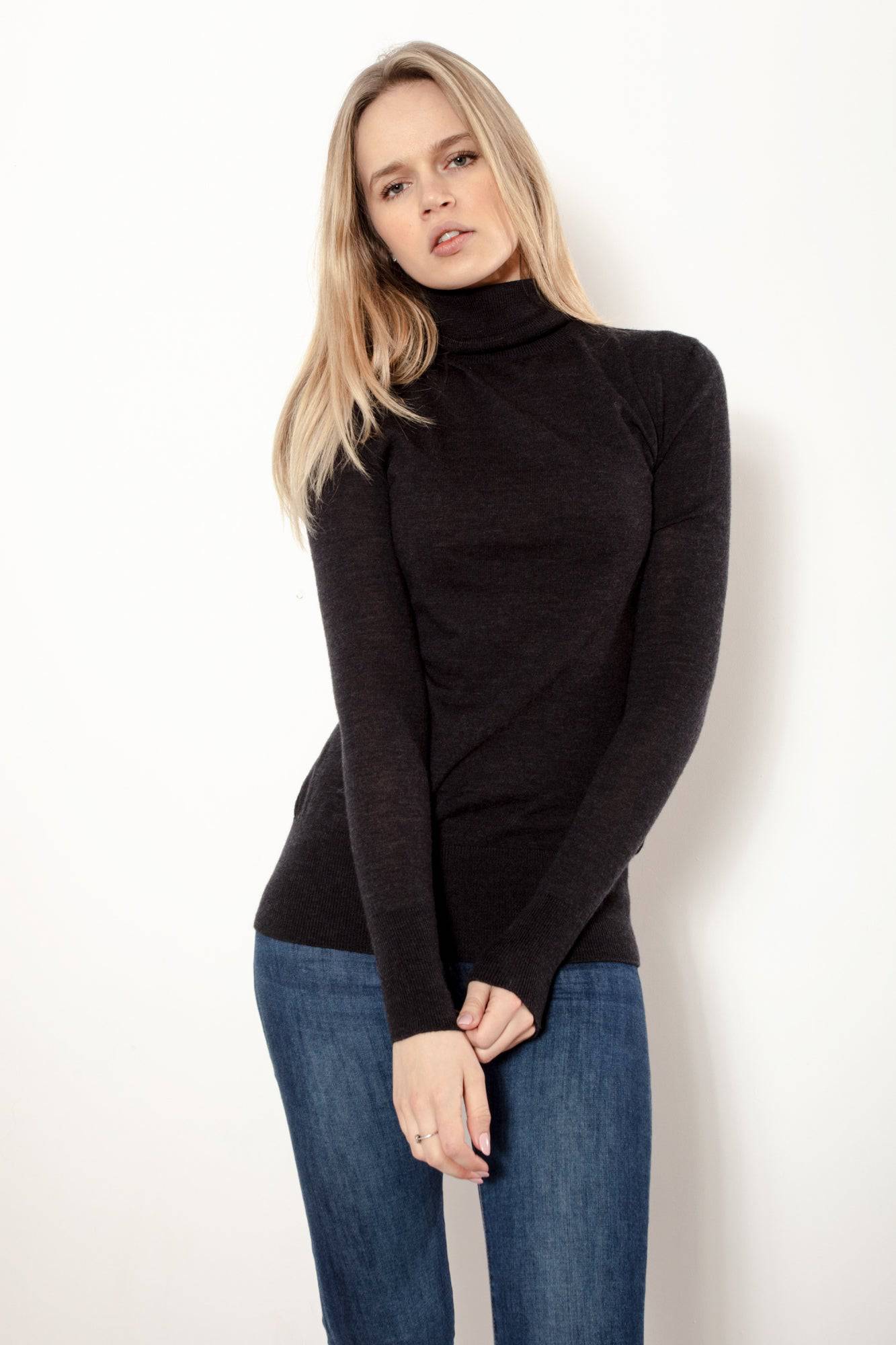 Extra Fine Merino Wool Polo Neck Jumper in Charcoal Grey By Woodcock & Cavendish for sale - Woodcock and Cavendish