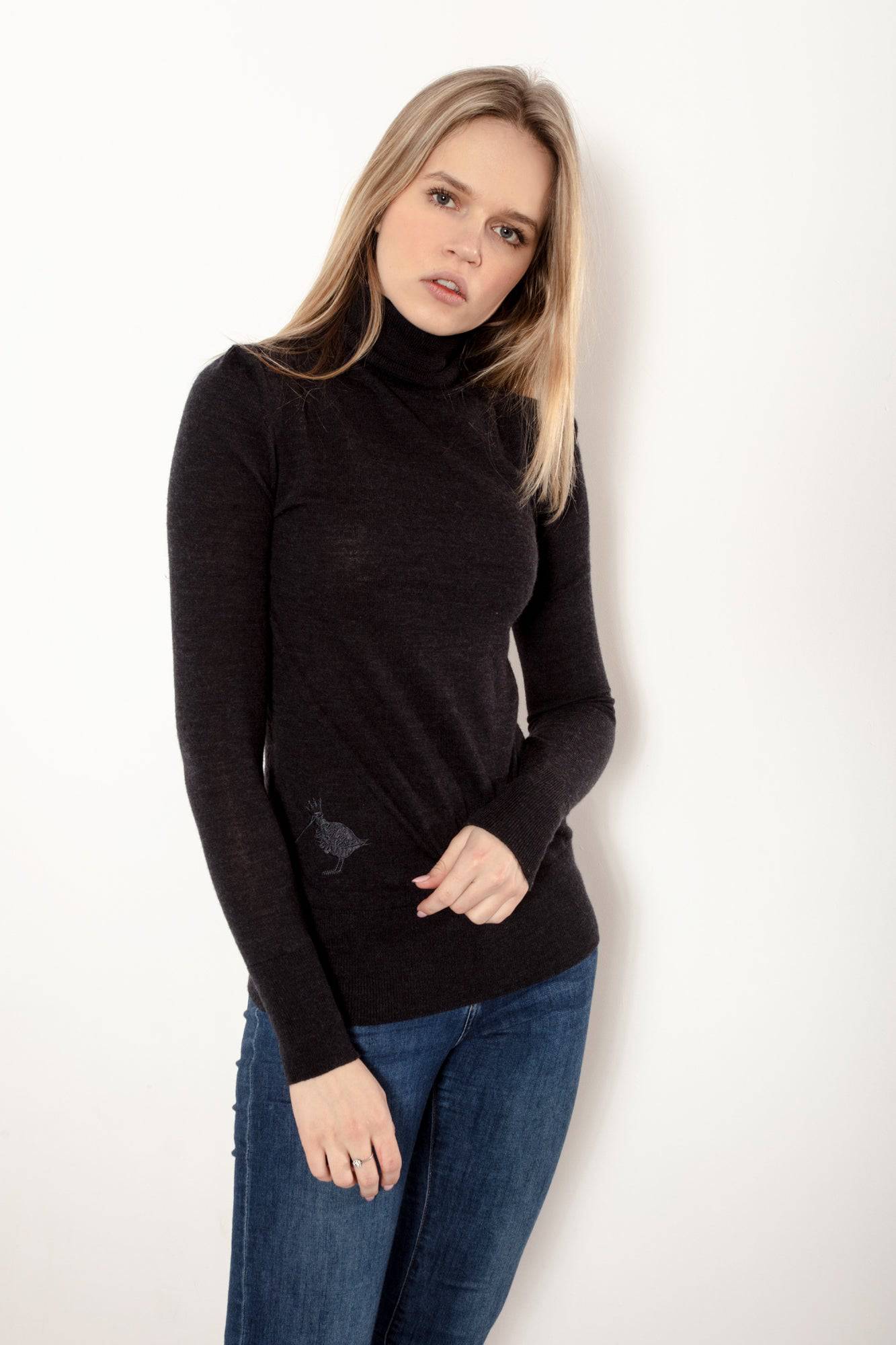 Extra Fine Merino Wool Polo Neck Jumper in Charcoal Grey By Woodcock & Cavendish for sale - Woodcock and Cavendish