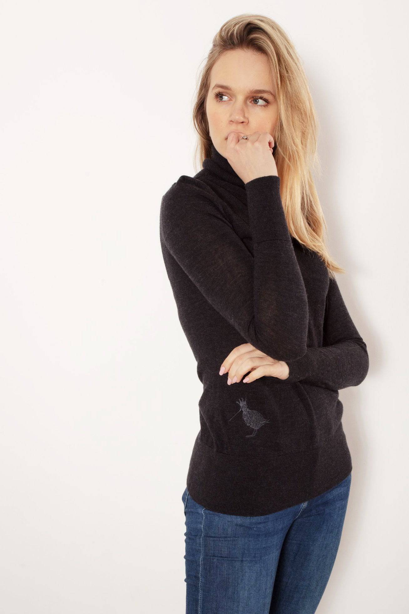 Extra Fine Merino Wool Polo Neck Jumper in Charcoal Grey By Woodcock & Cavendish for sale - Woodcock and Cavendish