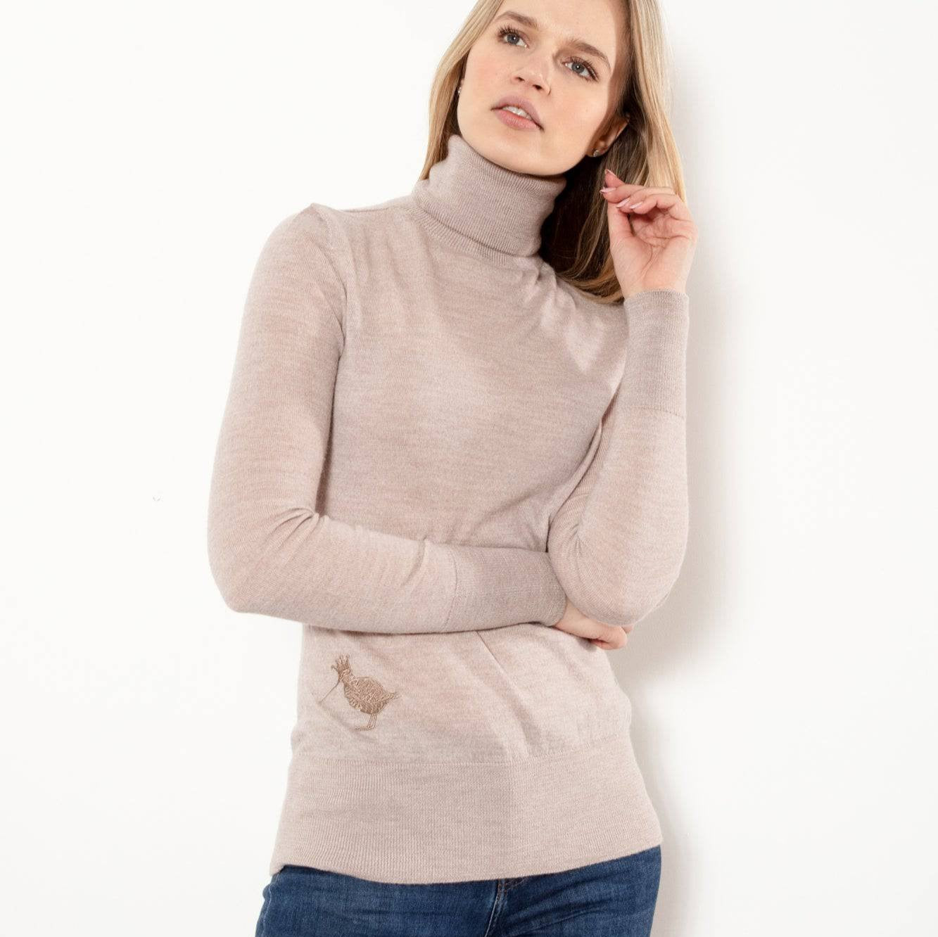 Extra Fine Merino Wool Polo Neck Jumper in Oatmeal By Woodcock & Cavendish for sale - Woodcock and Cavendish