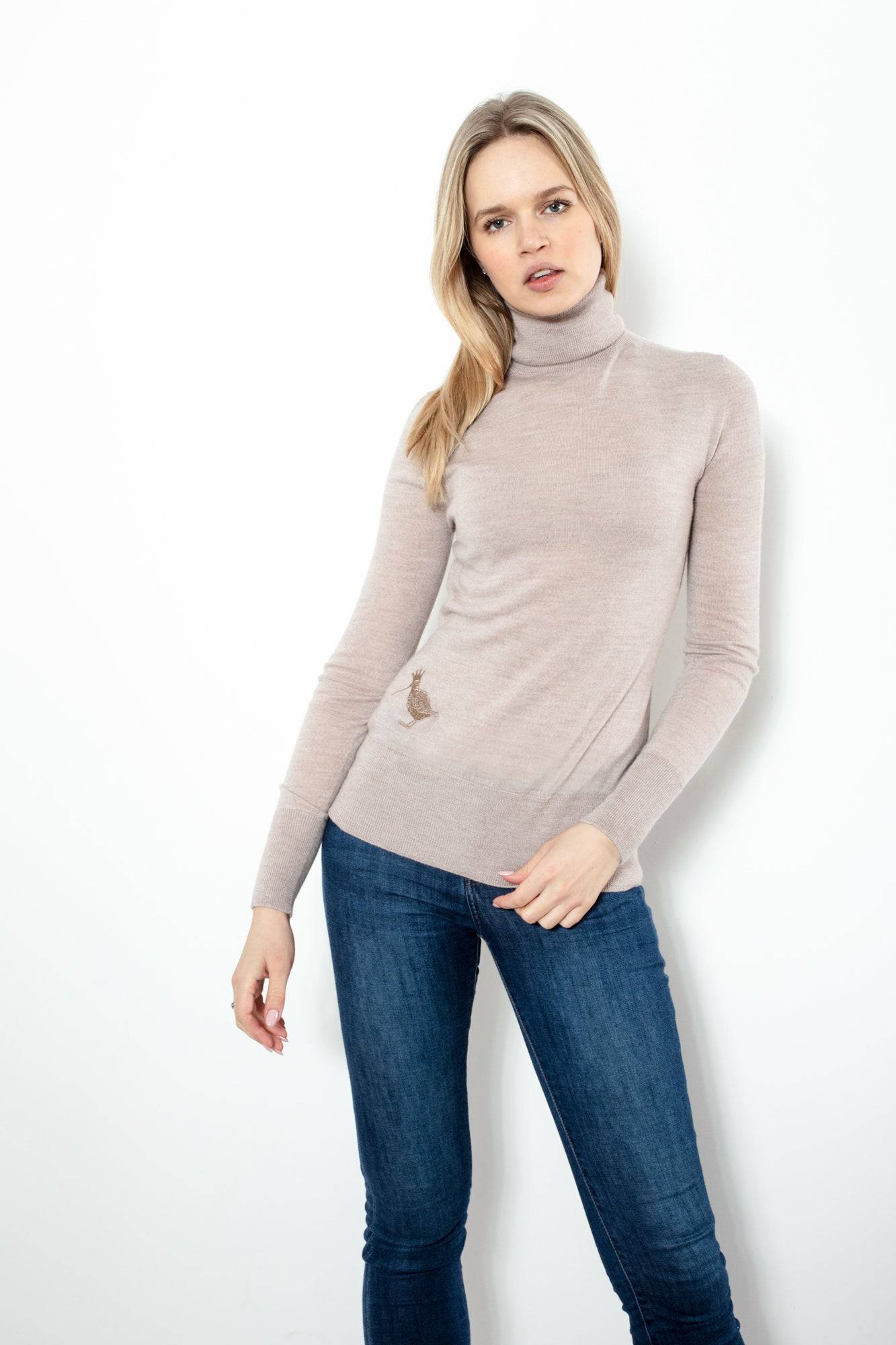 Extra Fine Merino Wool Polo Neck Jumper in Oatmeal By Woodcock & Cavendish for sale - Woodcock and Cavendish