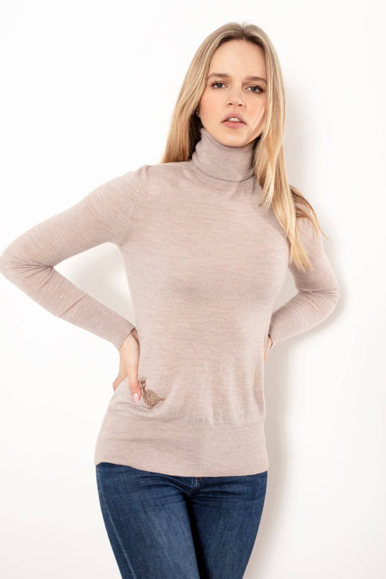 Extra Fine Merino Wool Polo Neck Jumper in Oatmeal By Woodcock & Cavendish for sale - Woodcock and Cavendish
