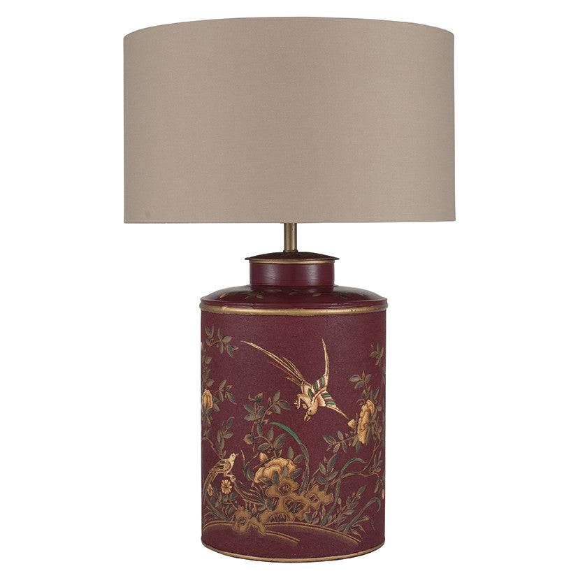 Golden Bird Hand Painted Red Metal Table Lamp for sale - Woodcock and Cavendish