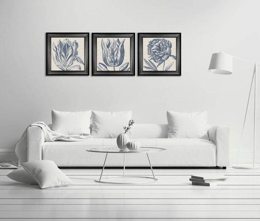 Indigo Floral on Linen by Williamsburg - Framed Print - Set of 3 for sale - Woodcock and Cavendish