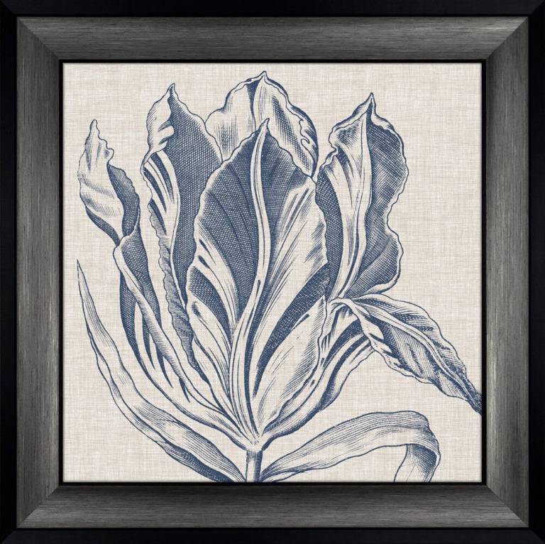 Indigo Floral on Linen by Williamsburg - Framed Print - Set of 3 for sale - Woodcock and Cavendish