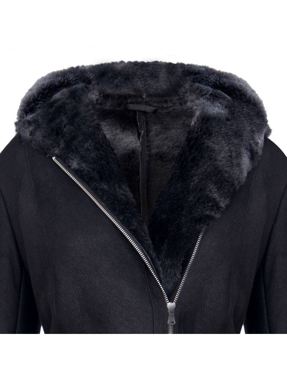 Ladies Black Hooded Merino Sheepskin Jacket for sale - Woodcock and Cavendish