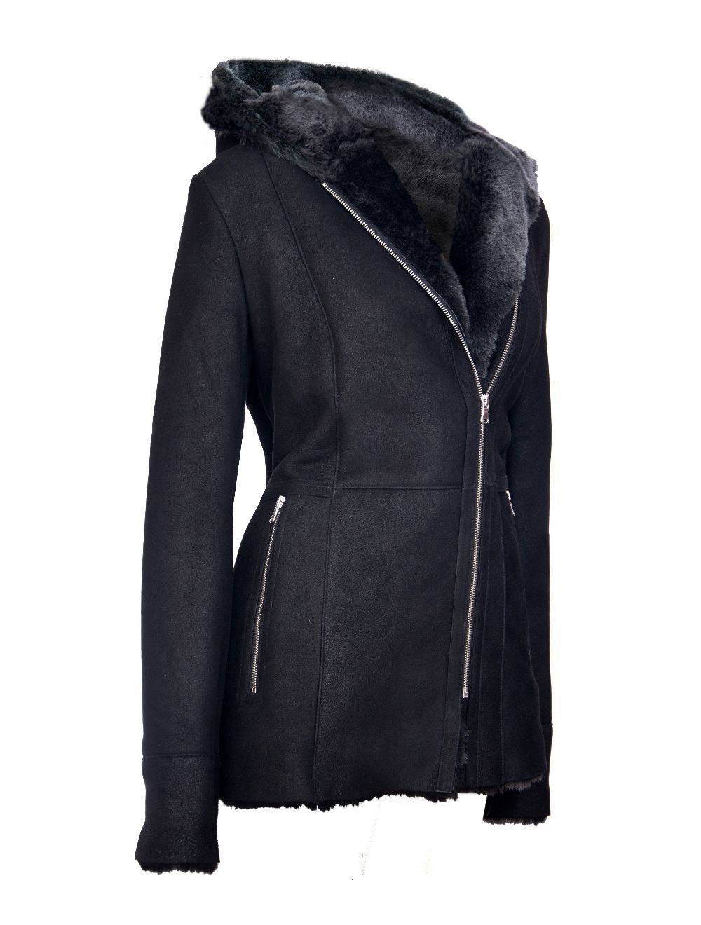 Ladies Black Hooded Merino Sheepskin Jacket for sale - Woodcock and Cavendish
