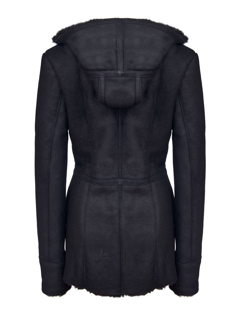 Ladies Black Hooded Merino Sheepskin Jacket for sale - Woodcock and Cavendish