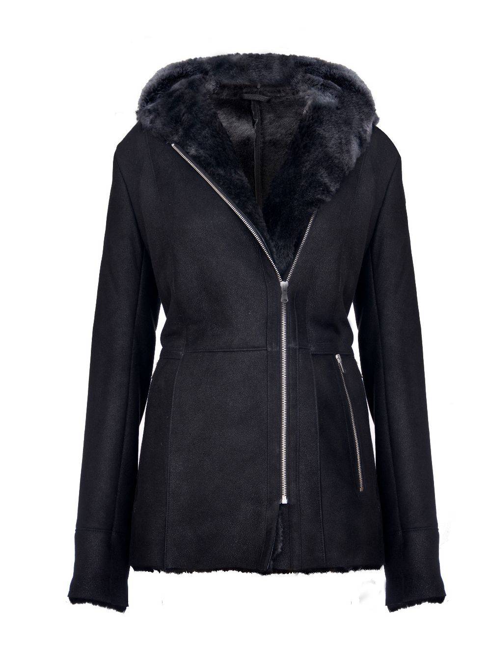 Ladies Black Hooded Merino Sheepskin Jacket for sale - Woodcock and Cavendish