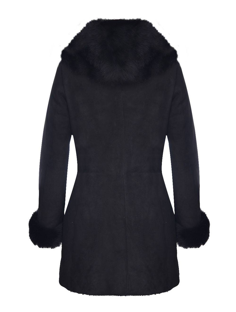 Ladies Black Suede Sheepskin Hooded Coat - Millycap for sale - Woodcock and Cavendish