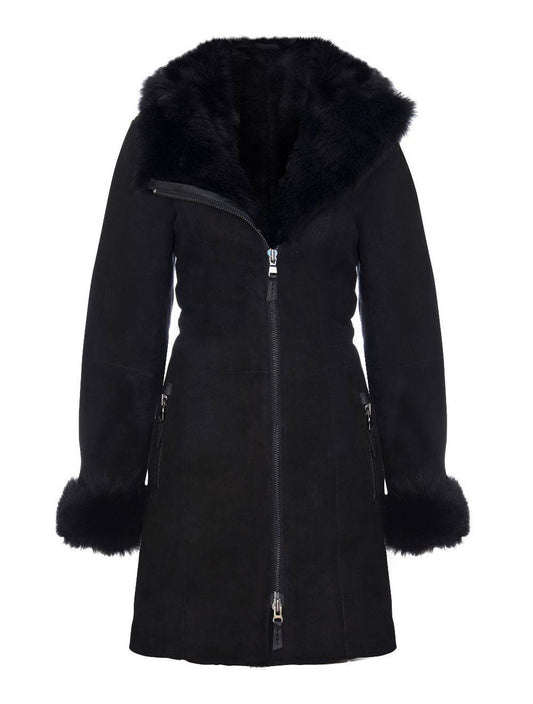 Ladies Black Suede Sheepskin Hooded Coat - Millycap for sale - Woodcock and Cavendish
