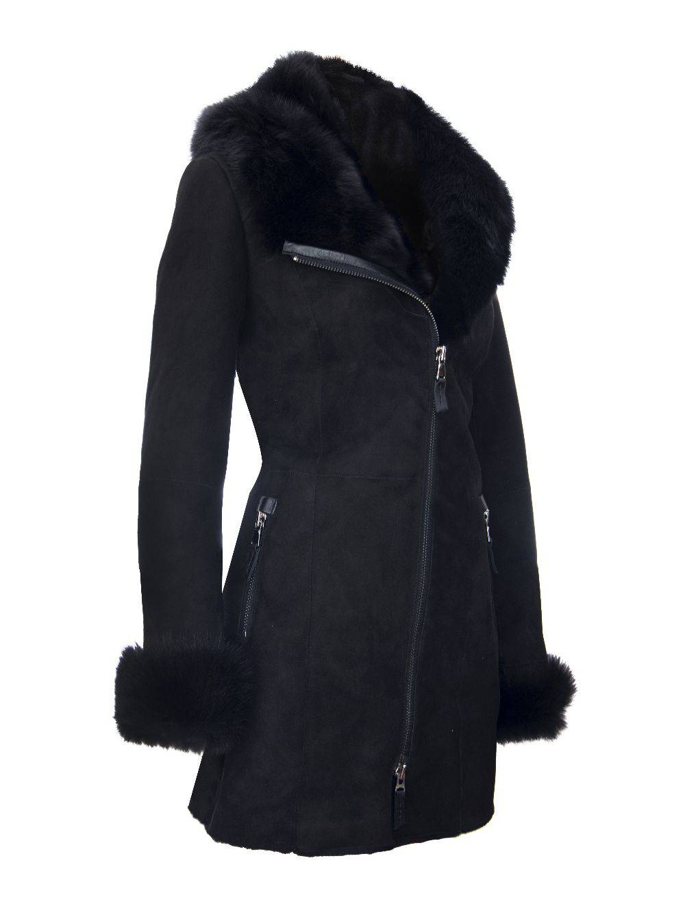 Ladies Black Suede Sheepskin Hooded Coat - Millycap for sale - Woodcock and Cavendish