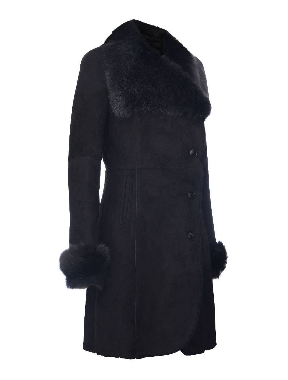 Ladies Black Suede Sheepskin Hooded Coat - Millycap for sale - Woodcock and Cavendish