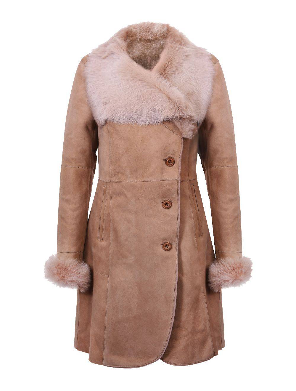 Ladies Caramel Suede Merino Shearling Sheepskin Coat with Toscana Collar for sale - Woodcock and Cavendish