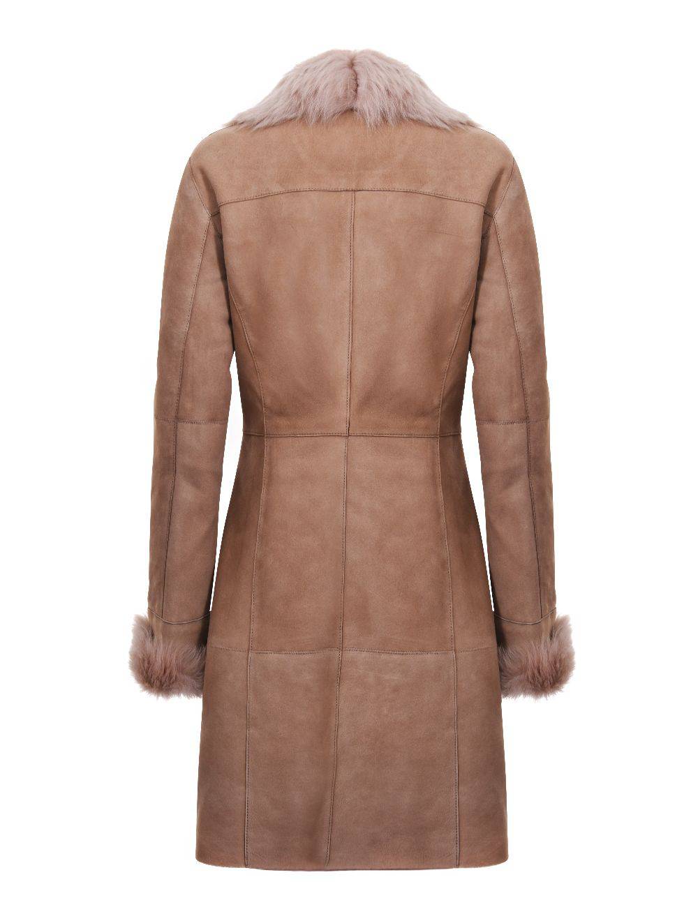 Ladies Caramel Suede Merino Shearling Sheepskin Coat with Toscana Collar for sale - Woodcock and Cavendish