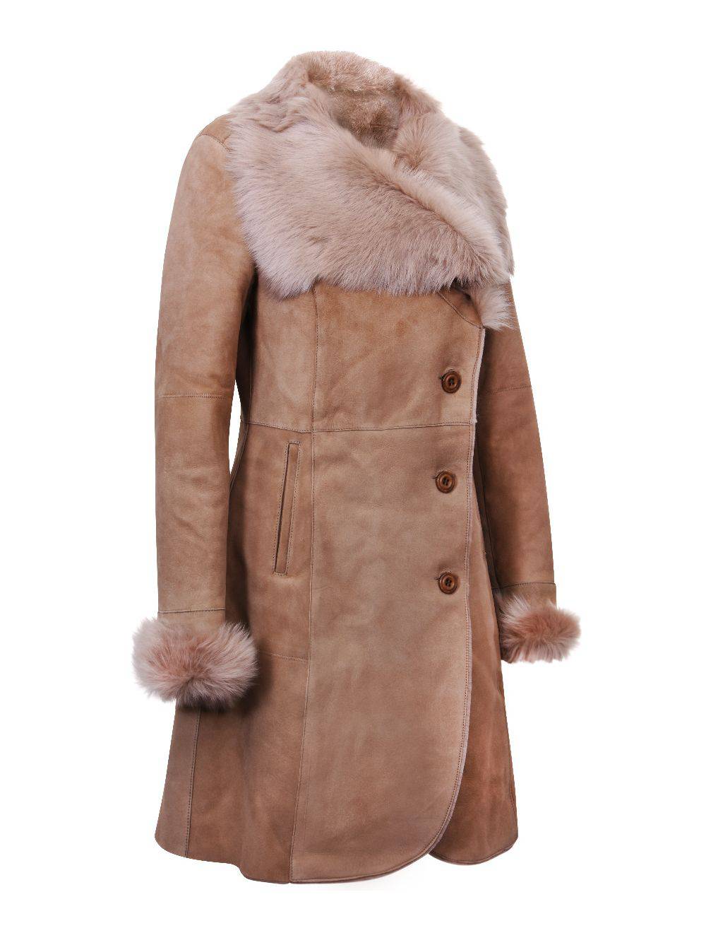 Ladies Caramel Suede Merino Shearling Sheepskin Coat with Toscana Collar for sale - Woodcock and Cavendish