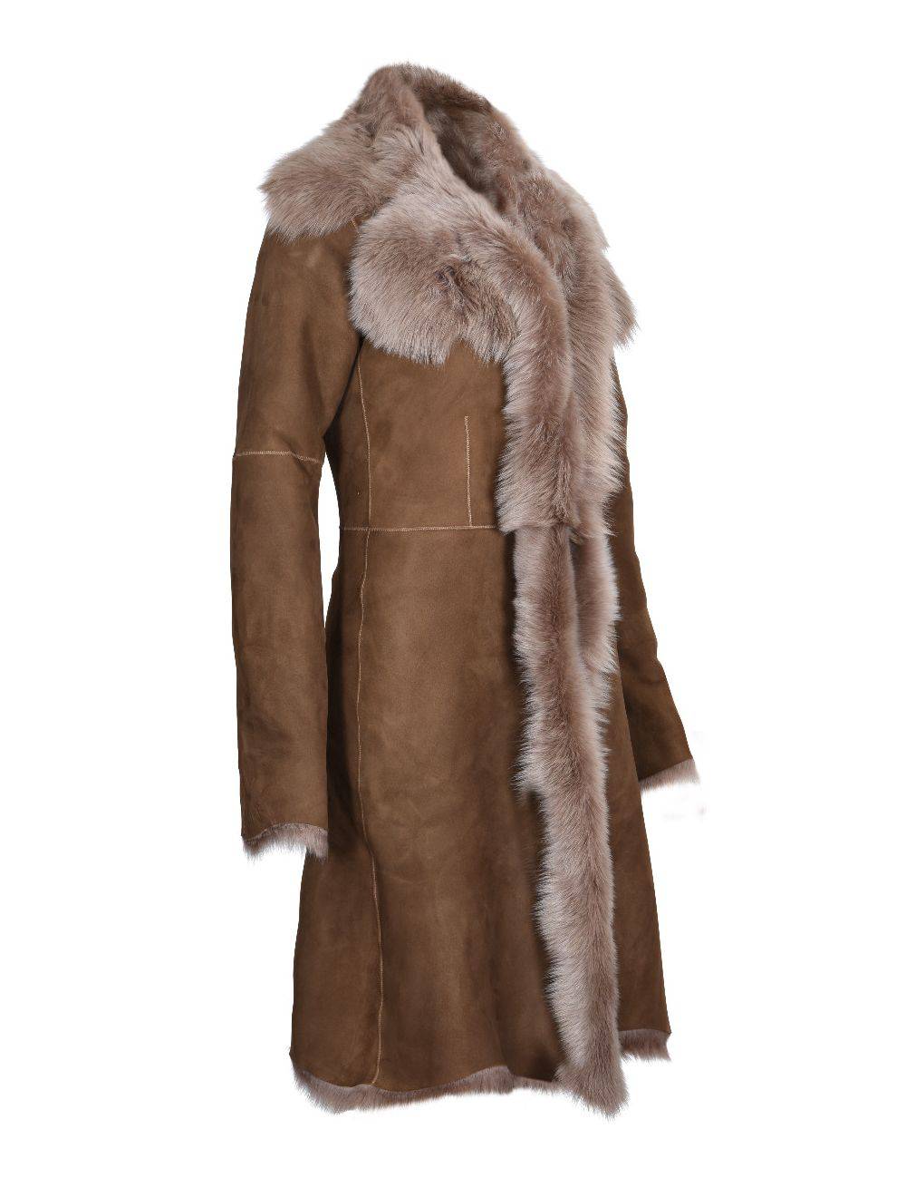 Ladies Mocha Toscana Sheepskin Long Coat for sale - Woodcock and Cavendish