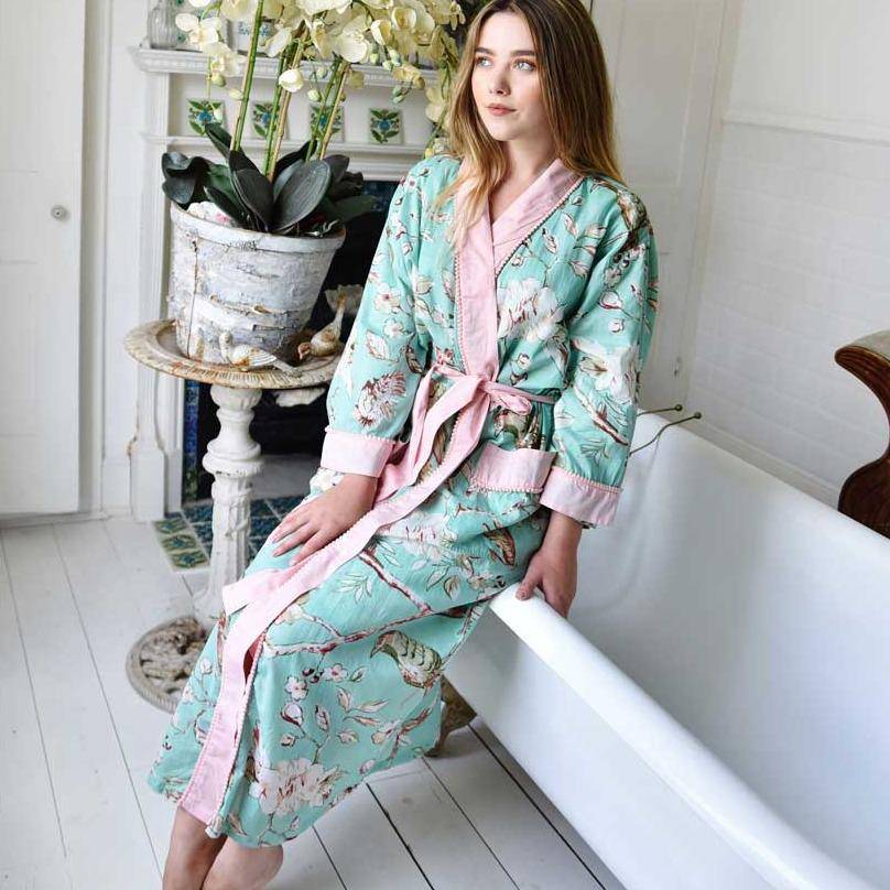 Mint Blossom Floral Dressing Gown for sale - Woodcock and Cavendish