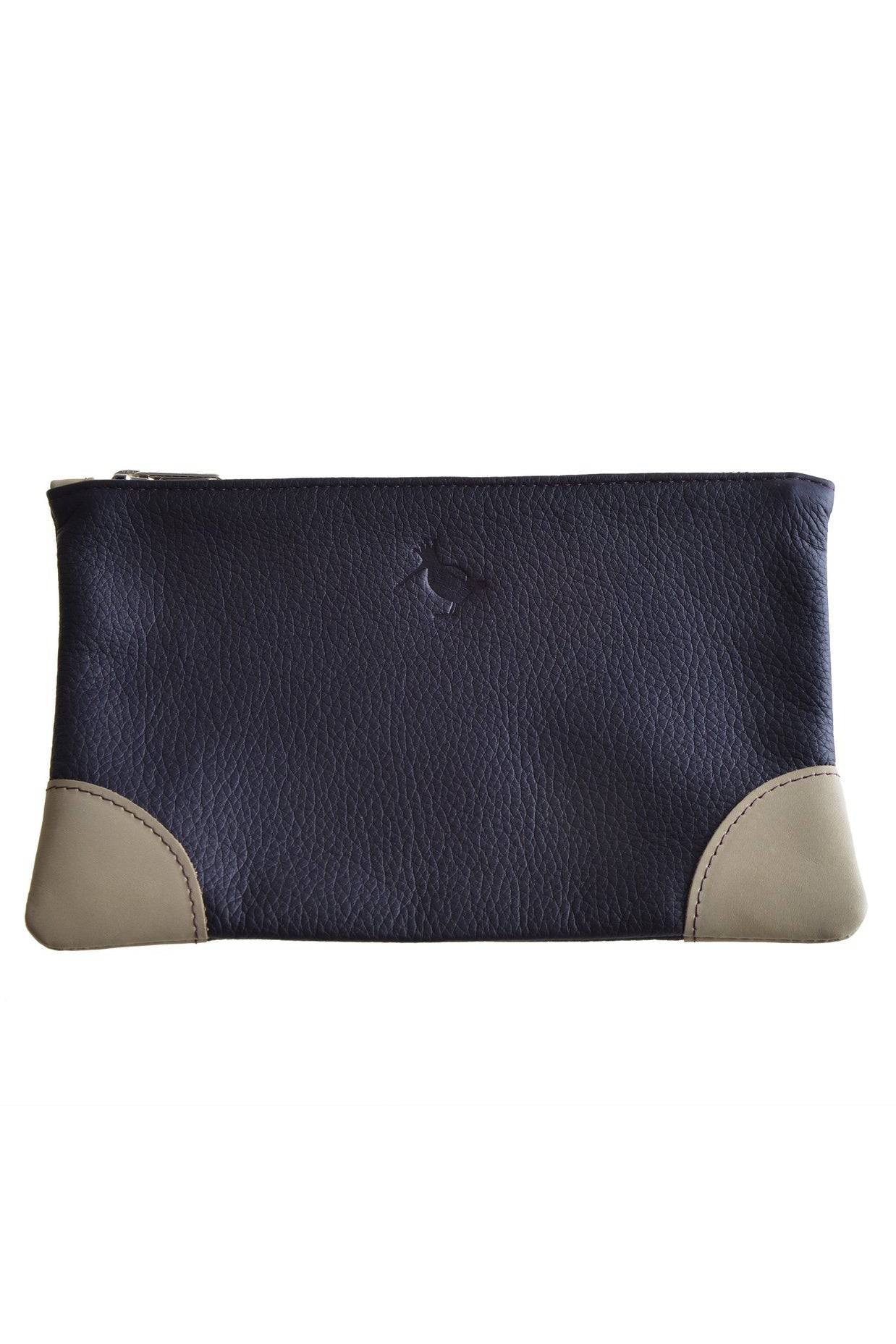 Navy Blue Leather Pouch with Grey Corners by Woodcock & Cavendish for sale - Woodcock and Cavendish