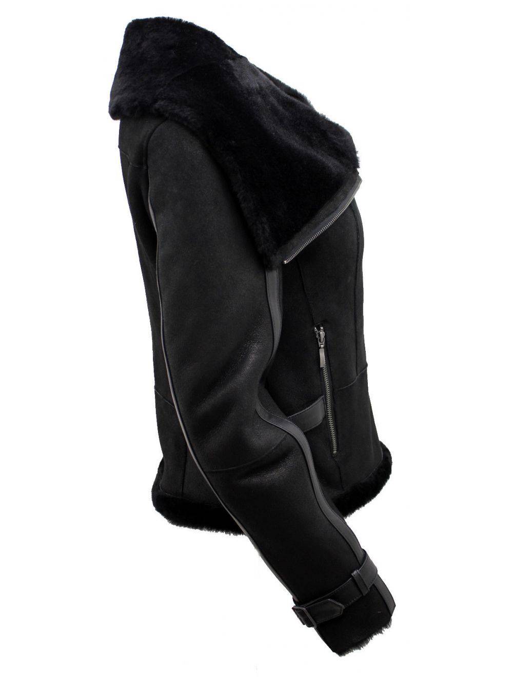 Women's Short Black Merino Sheepskin Aviator Leather Jacket- Stockton for sale - Woodcock and Cavendish