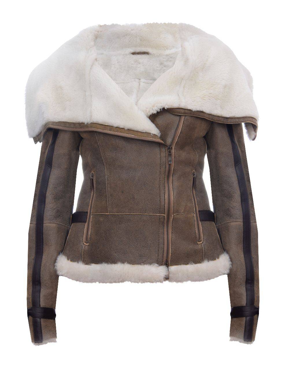 Women's Short Brown Merino Sheepskin Aviator Leather Jacket for sale - Woodcock and Cavendish